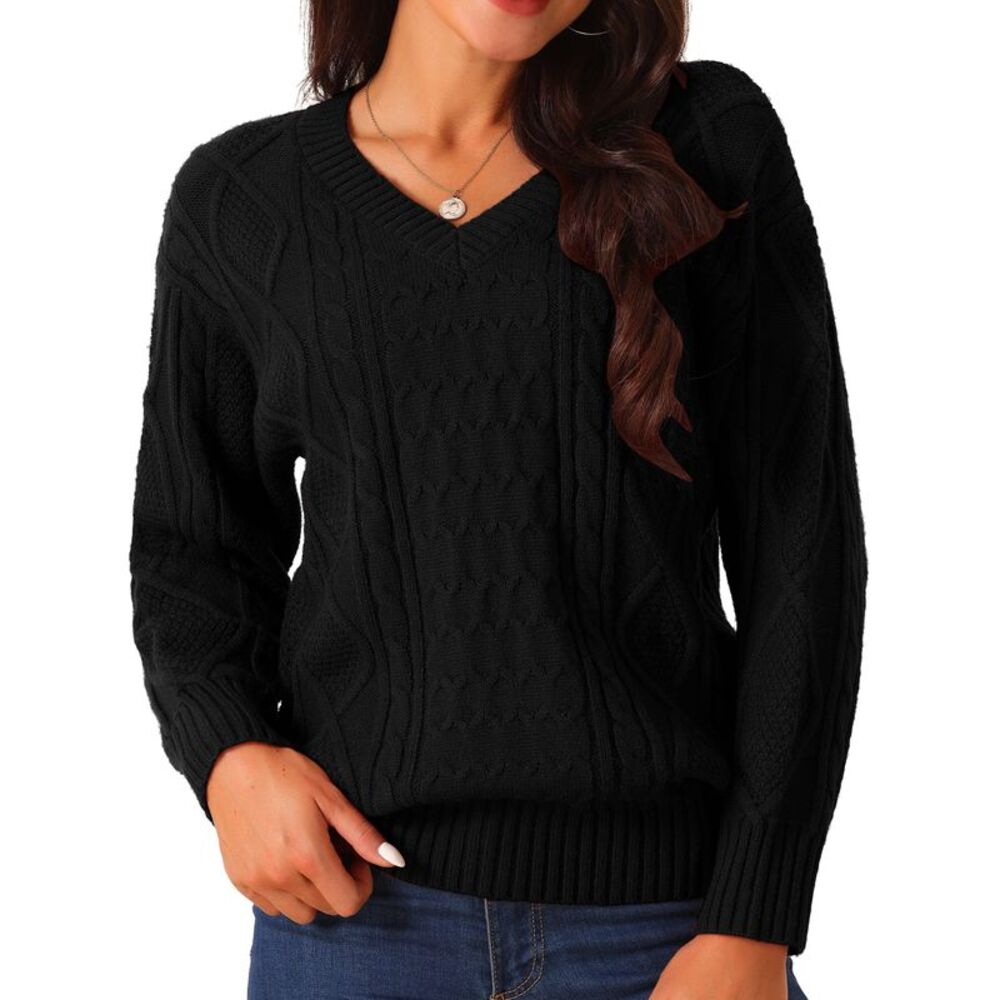 V Neck Long Sleeve Casual Loose Chunky Warm Pullover Sweater Top Black